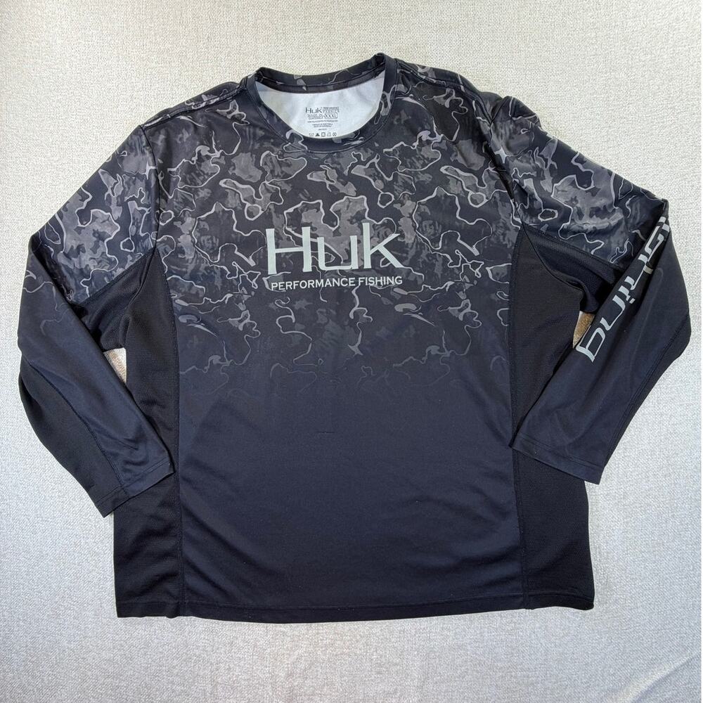 Huk Fishing Men's Black 3XL Camo Print Performance Fishing Pullover Shirt Top